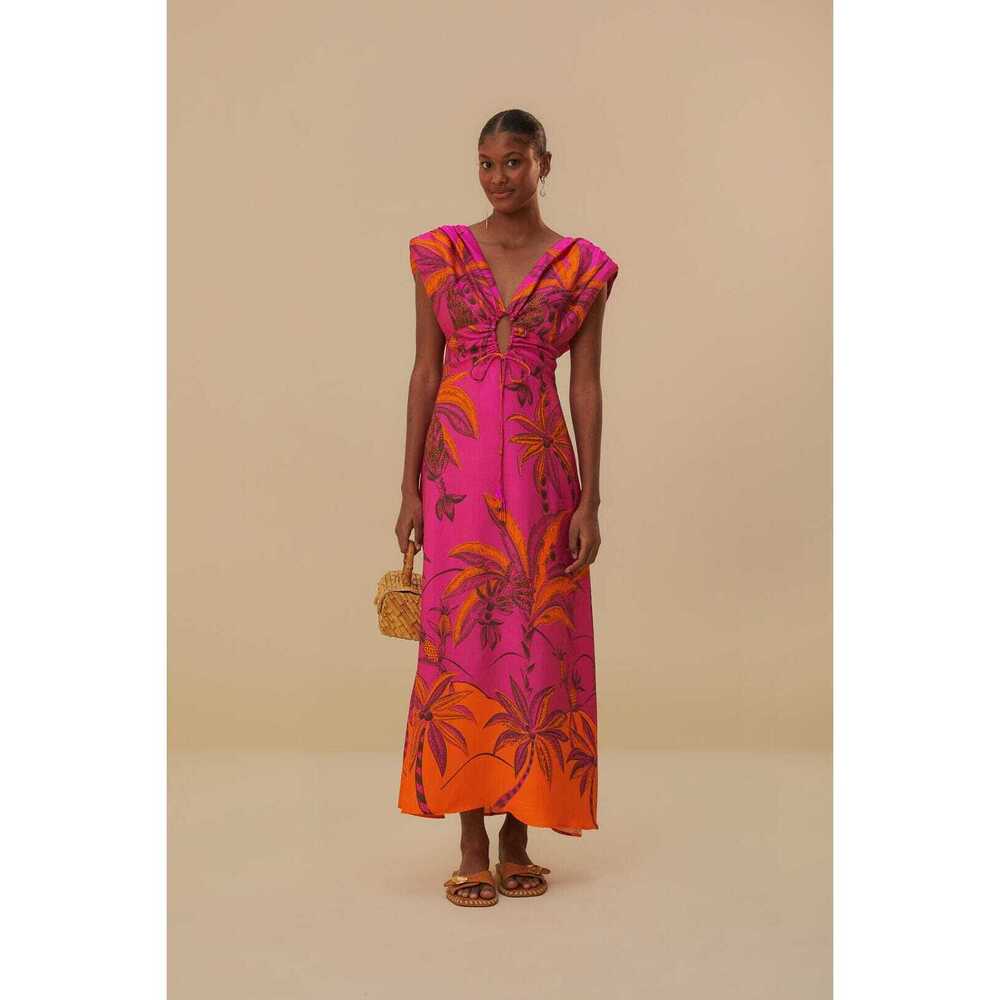 FARM Rio Pink and Orange Palm-Print Maxi Dress